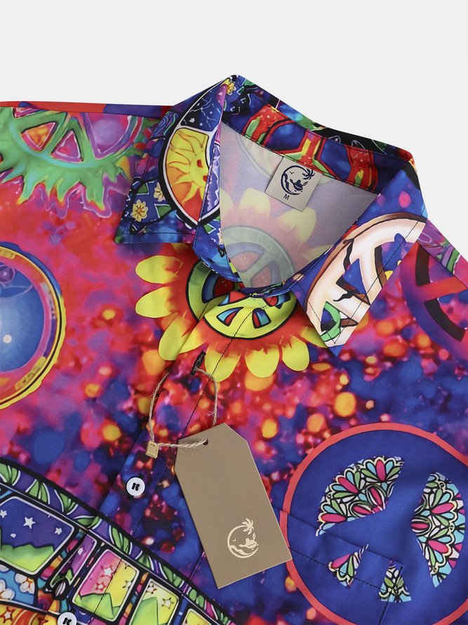 Mens Hippies Peace&Love Print Front Buttons Soft Breathable Chest Pocket Casual Hawaiian Shirts