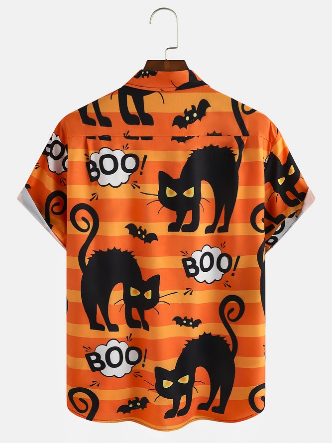 Mens Funky Halloween Cats Print Front Buttons Soft Breathable Chest Pocket Casual Hawaiian Shirts