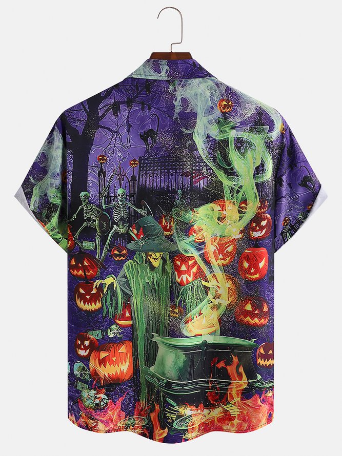 Mens Halloween Print Casual Short Sleeve Shirt with Chest Pocket