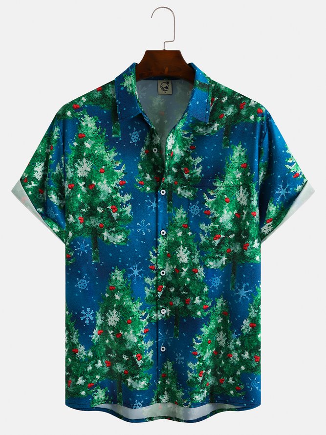 Casual Style Holiday Series Retro Christmas Tree Element Pattern Lapel Short-Sleeved Shirt Print Top