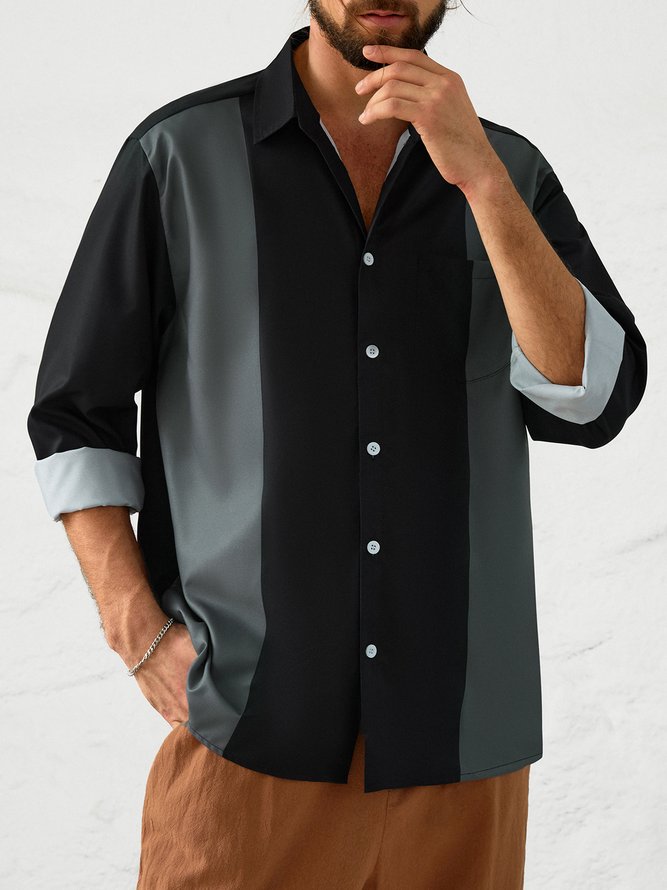 Men's Geometric Stripe Print Fashion Lapel Long Sleeve Hawaiian Shirt