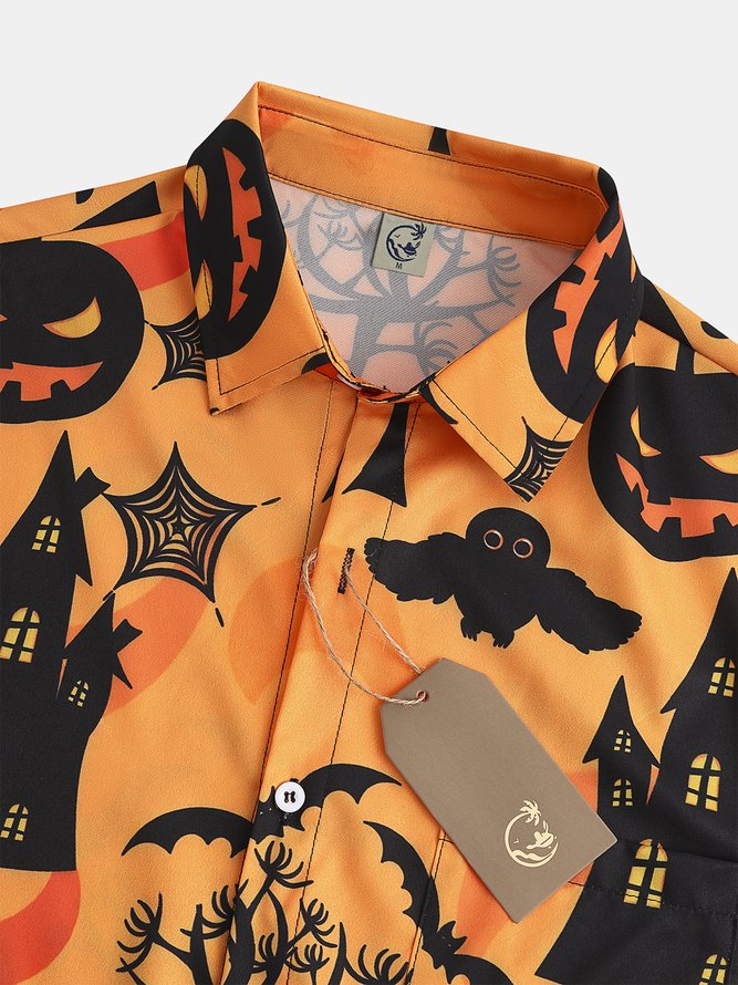Men's Halloween Print Short Sleeve Hawaiian Shirt with Chest Pocket