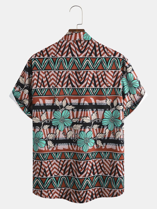 Men's Geometric Printed Casual Short Sleeve Hawaiian Shirt with Chest Pocket