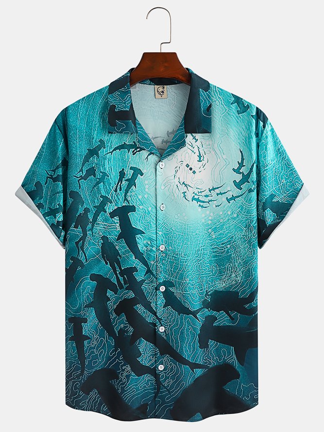 Mens Ocean Shark Print Casual Breathable Short Sleeve Aloha Shirt