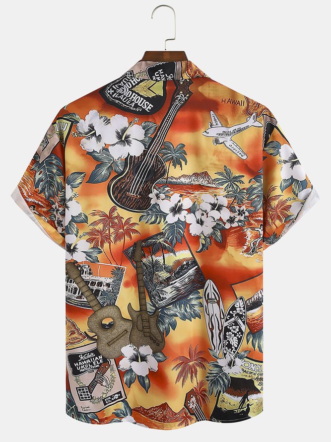 Men's Music Guitar Print Casual Breathable Fabric Hawaiian Short Sleeve Shirt
