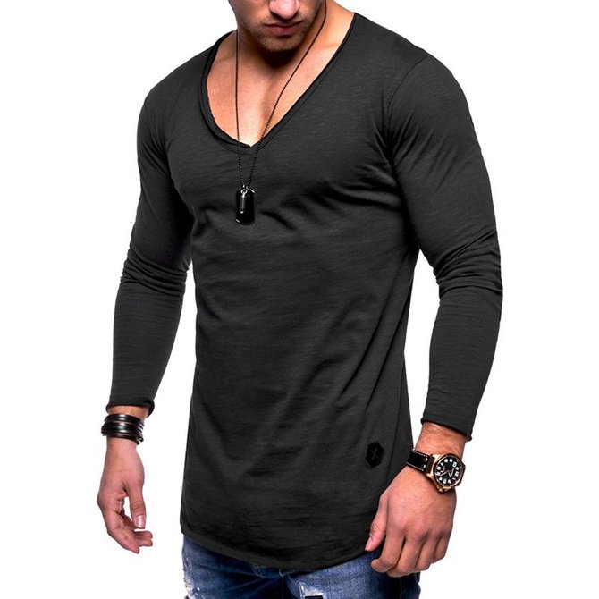 Men's Solid Color Long Sleeve V-neck T-Shirt | hawalili
