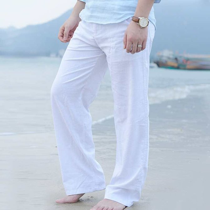 Mens Cotton Beach Solid Color Loose Fit Drawstring Straight Casual Pants