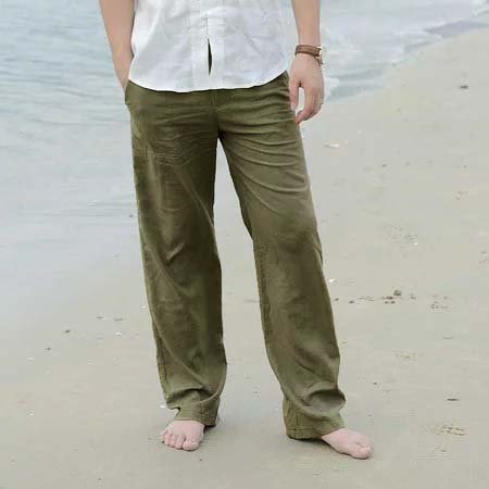 Mens Cotton Beach Solid Color Loose Fit Drawstring Straight Pants