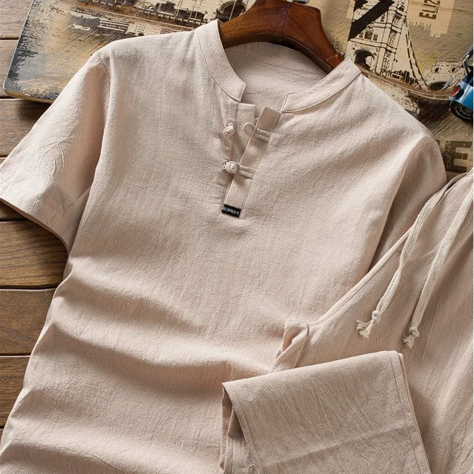 Chinese Style Men's Cotton Linen Sets Large Size Short-sleeved T-shirt ...