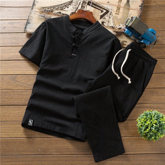 Chinese Style Men's Cotton Linen Sets Large Size Short-sleeved T-shirt ...