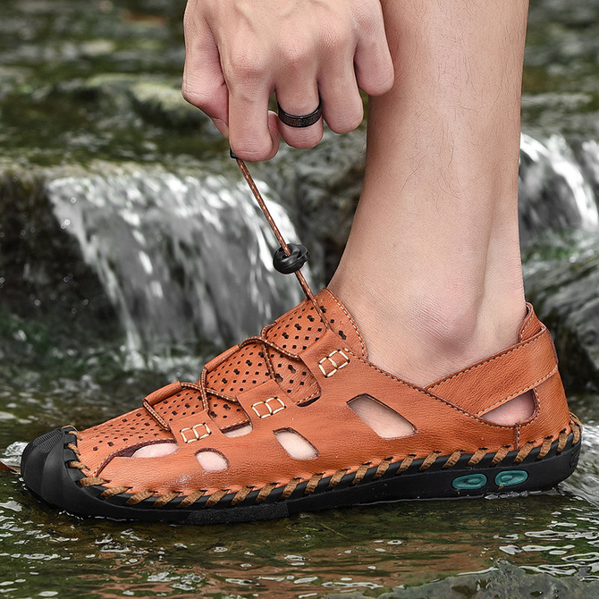 Men Hand Stitching Leather Non Slip Soft Sole Outdoor Sandals