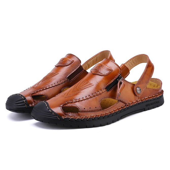 Large Size Men Hand Stitching Leather Anti-collision Non-slip Casual Sandals