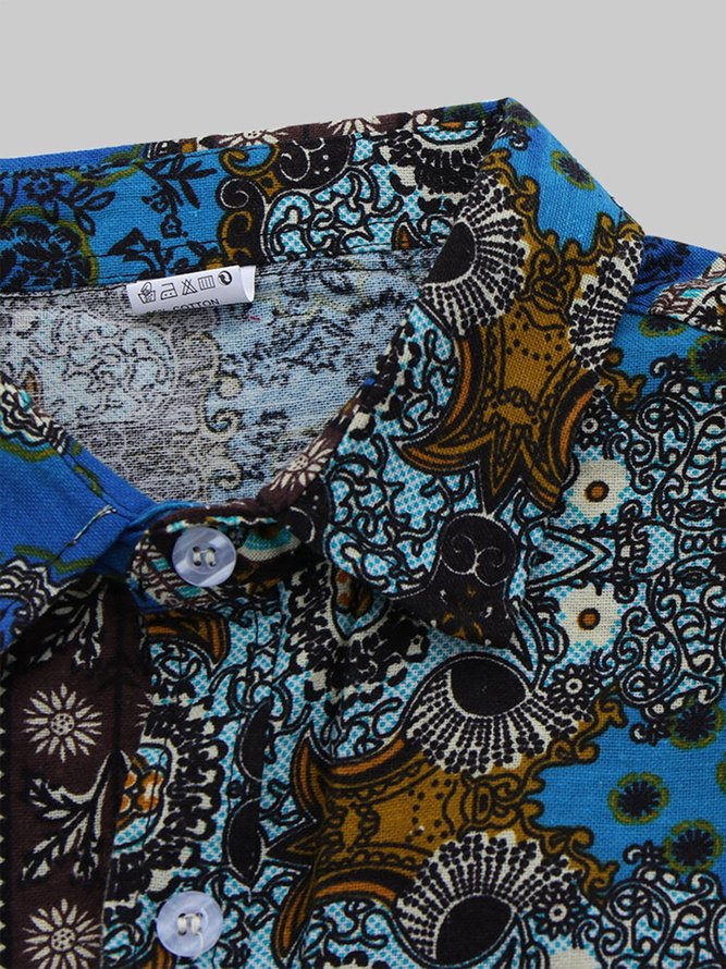 Men's Printed Patchwork National Style Short Sleeve Cotton Breathable Casual Loose Shirt