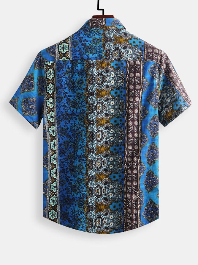 Men's Printed Patchwork National Style Short Sleeve Cotton Breathable Casual Loose Shirt