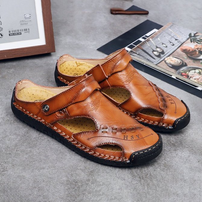 Large Size Men Hand Stitching Closed Toe Comfy Soft Leather Sandals | hawalili