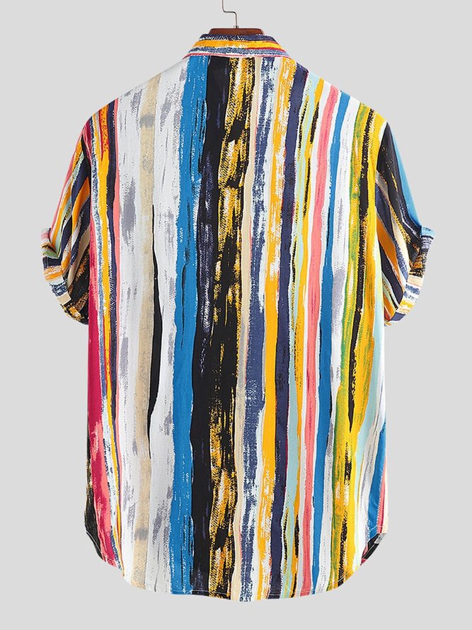 Lightblue Printed Shirt Collar Boho Stripes Shirts | hawalili