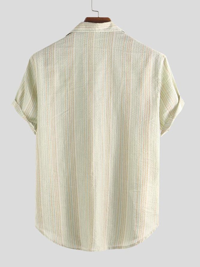 Mens Striped Print Chest Pocket Holiday Short Sleeve Shirts