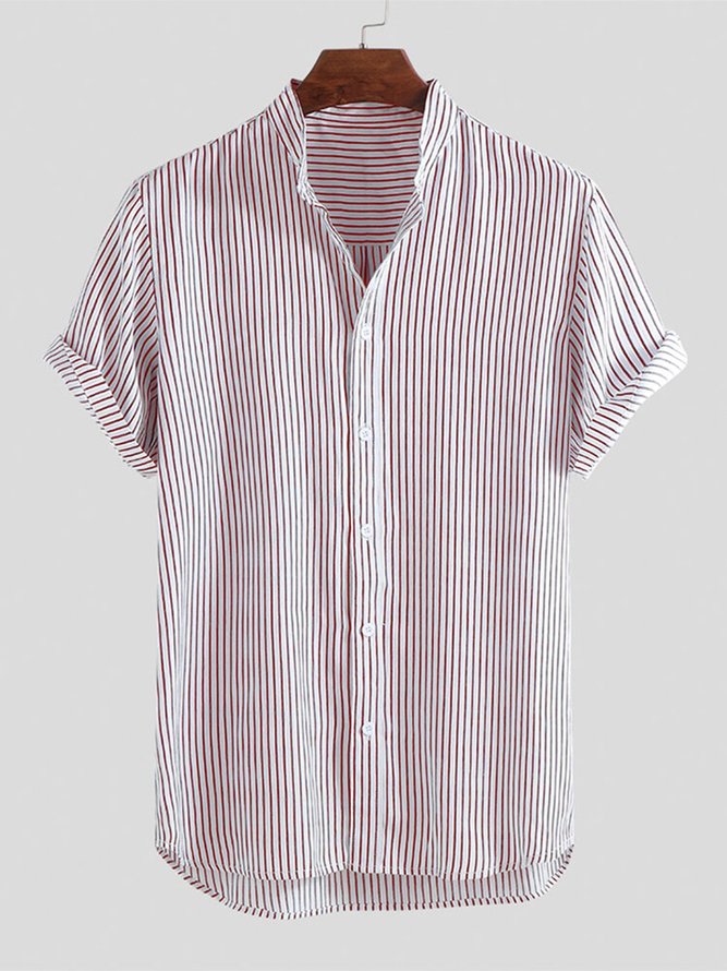 Men's Classic Striped Breathable Stand Collar Short Sleeve Casual Loose