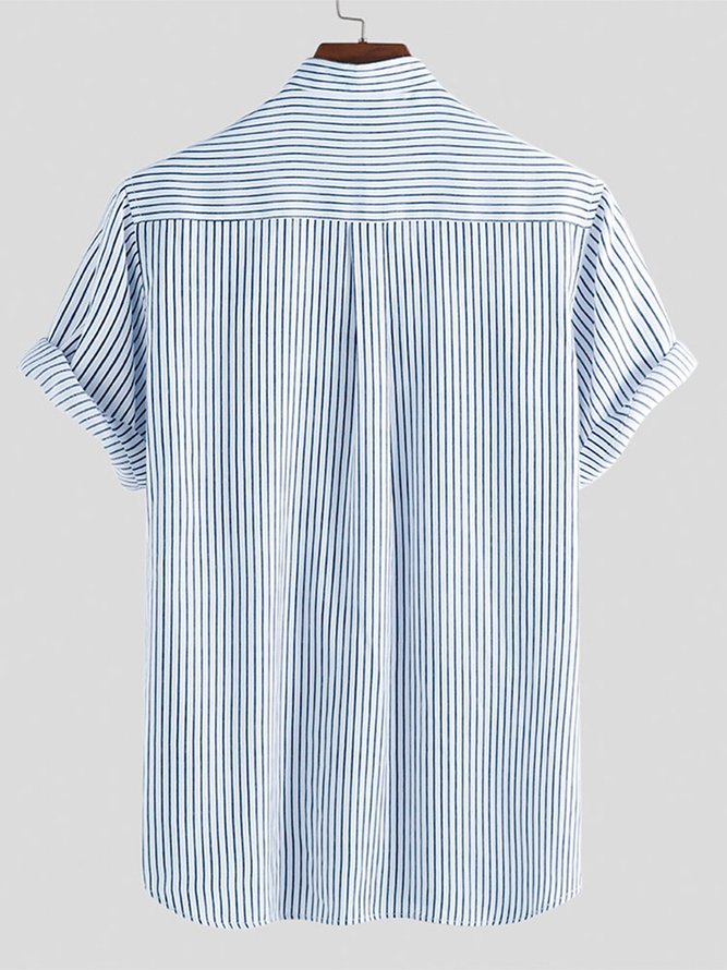Men's Classic Striped Breathable Stand Collar Short Sleeve Casual Loose