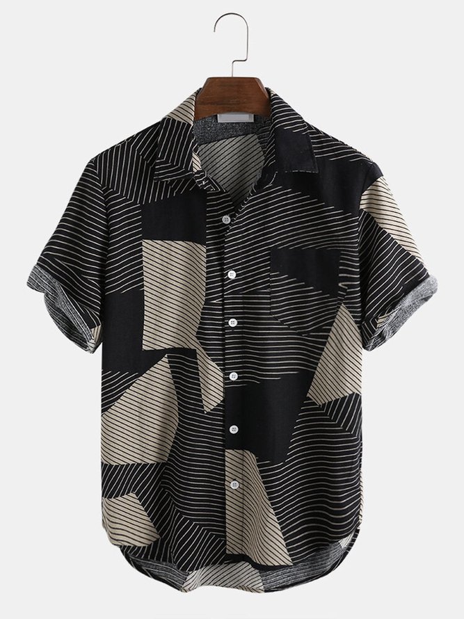 Men's Casual Breathable Striped Color Block Short Sleeve Shirts | hawalili