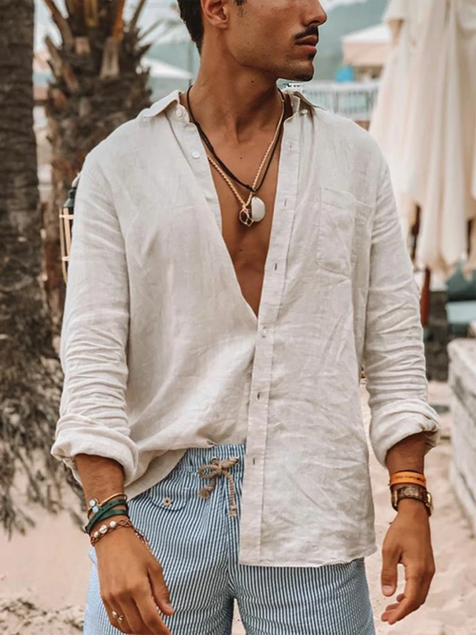 Beige Plain Linen Casual Crew Neck Shirts | hawalili