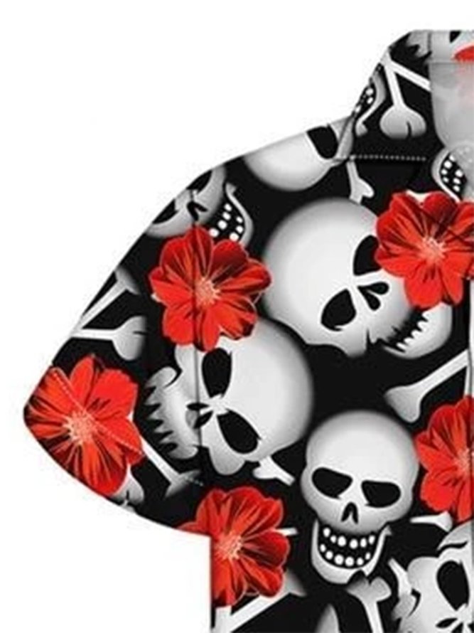 Men's Black Shirt Collar Casual Printed Skull Shirts