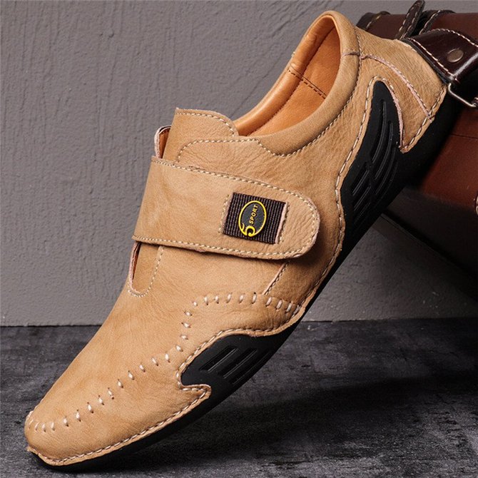 Men Hand Stitching Leather Hook Loop Soft Casual Driving Shoes