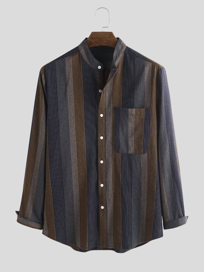 Brown V Neck Casual Cotton Printed Shirt
