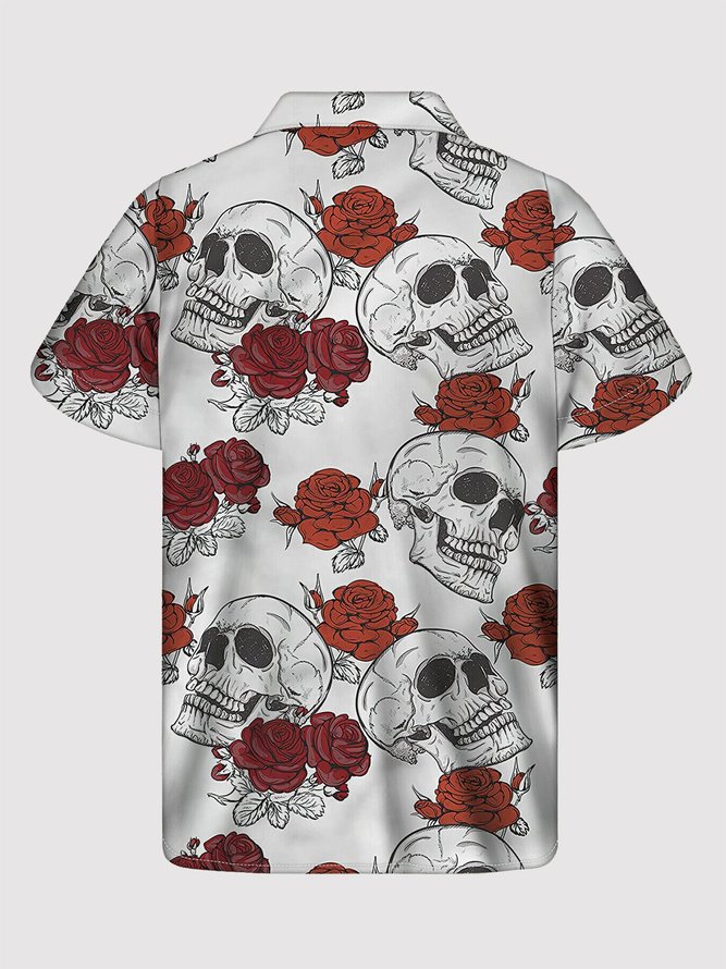 Men's White Casual Shirt Collar Printed Skull Shirts
