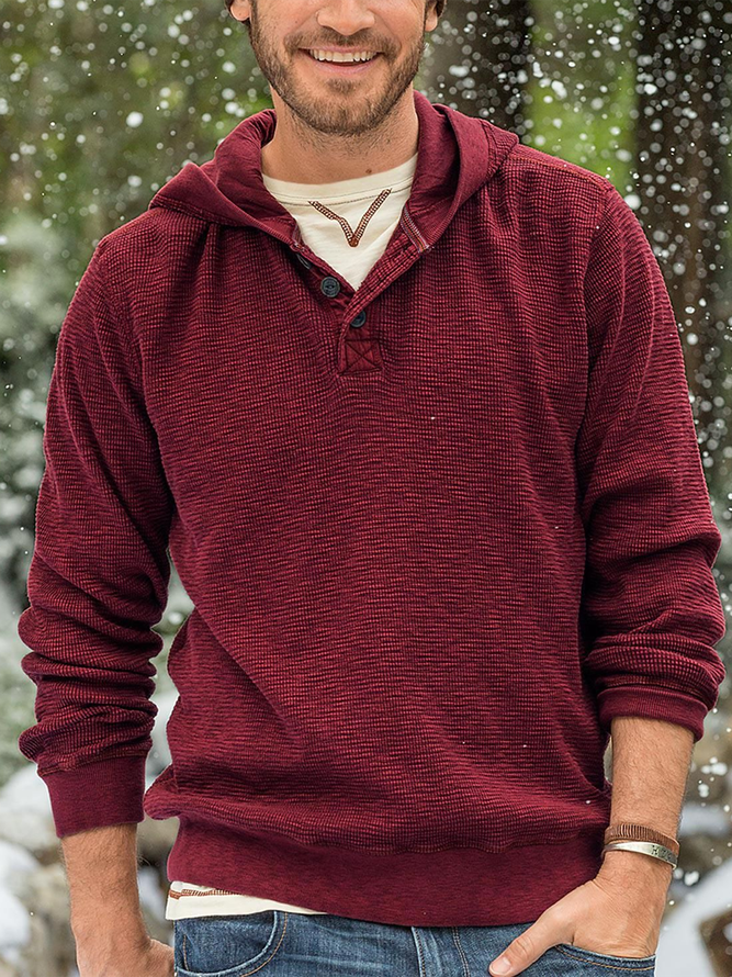 Red Cotton-Blend Casual Hoodie Plain Sweatshirt