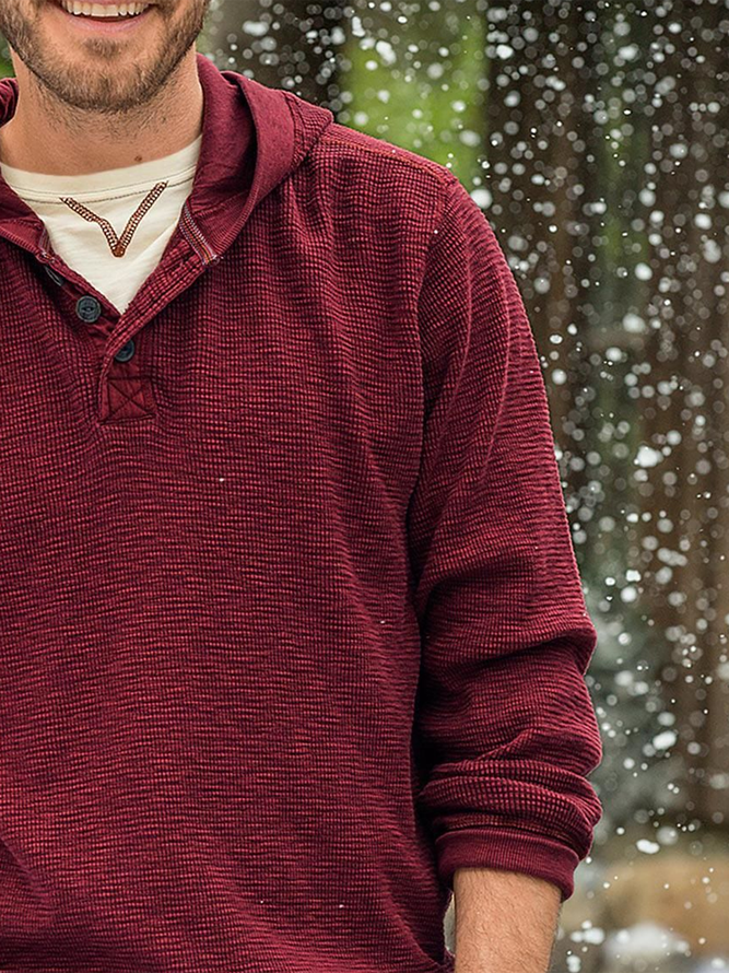 Red Cotton-Blend Casual Hoodie Plain Sweatshirt