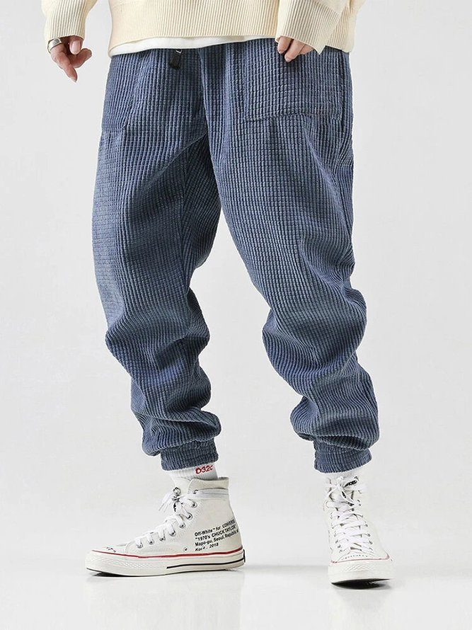 Blue Drawstring Plain Simple Casual Pants