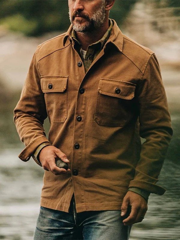 Cotton-Blend Casual Double Chest Pocket Overshirt