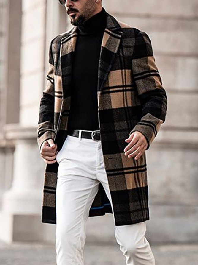 Black Casual Tweed Lapel Plaid Trench coat