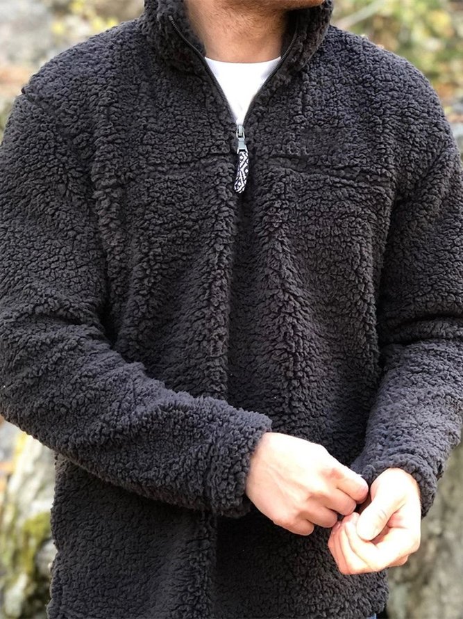 Black Polar Fleece Zipper Casual Sweatshirt Pullover