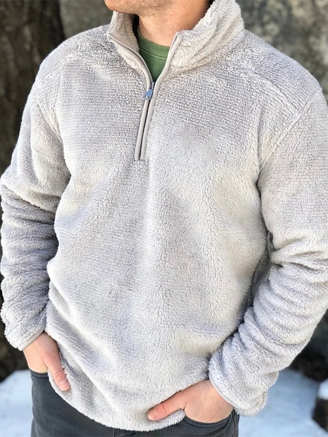 Gray Polar Fleece Casual Zipper Sweatshirt Pullover hawalili
