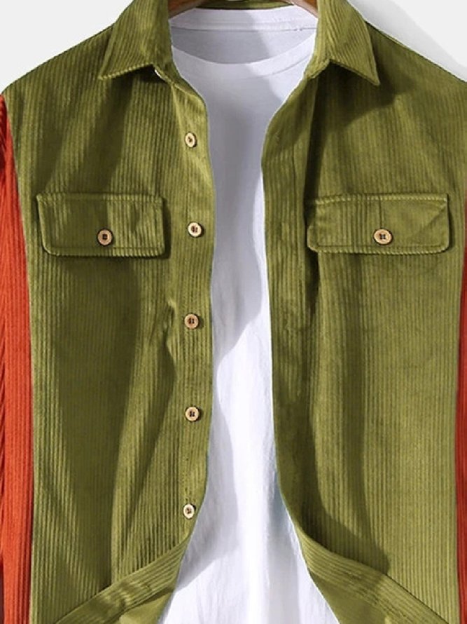 Green Corduroy ColorBlock Casual Shirts & Tops hawalili
