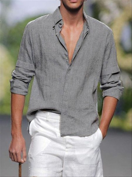 Linen Solid Stand Collar Casual Shirt
