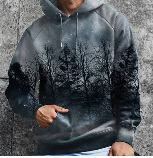 Men's fashion night sky forest print hooded casual sweater