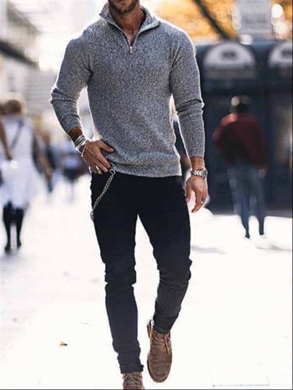 Stand Collar Casual Wool Blend Solid Sweater