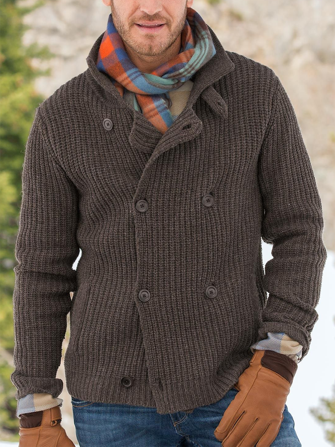 Brown Plain Casual Lapel Cotton-Blend Sweater