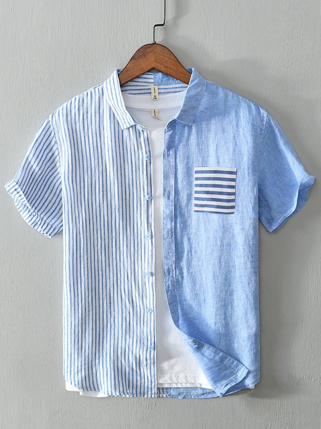 Men's Stripe Splicing Short Sleeve Cotton Breathable Casual Loose Shirt