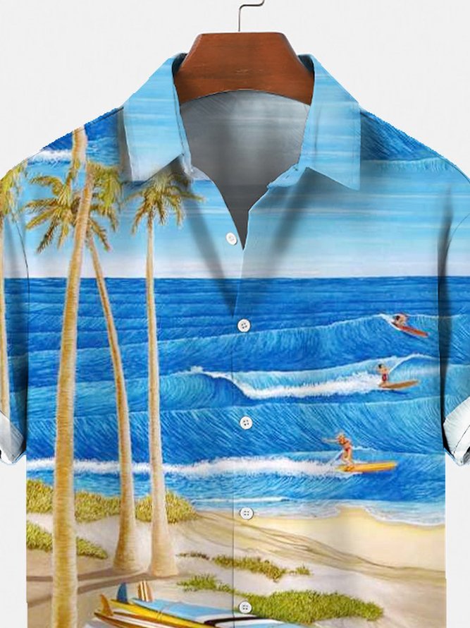Mens Coconut Tree Bus Cotton-Blend Casual Short Sleeve Shirt