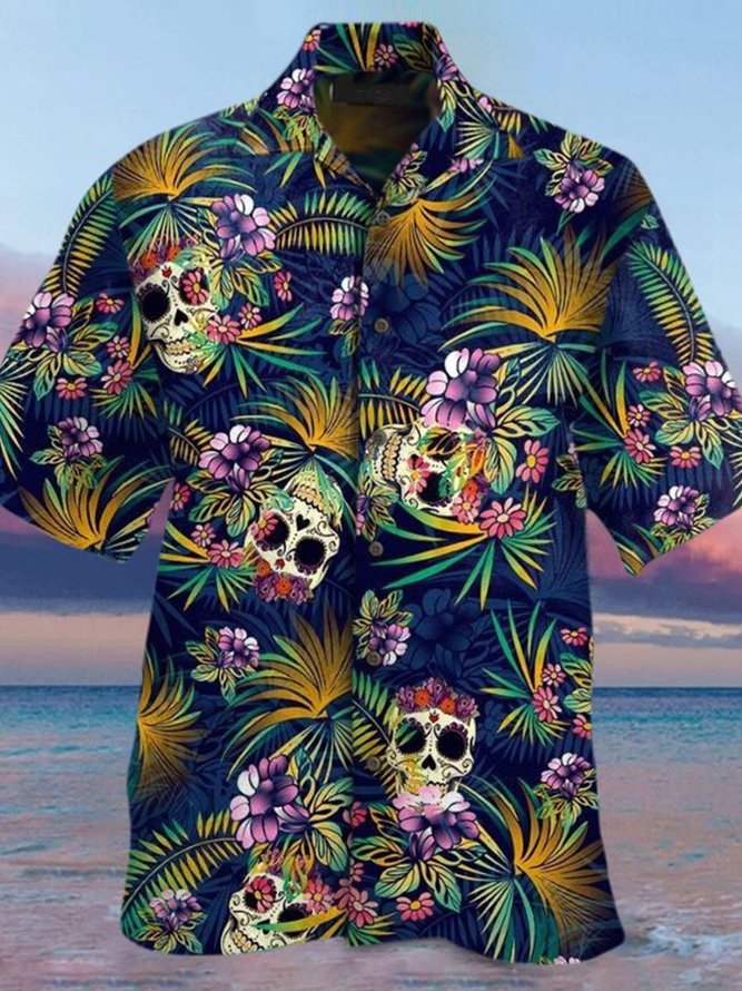 Summer holiday beach skull floral printed shirt