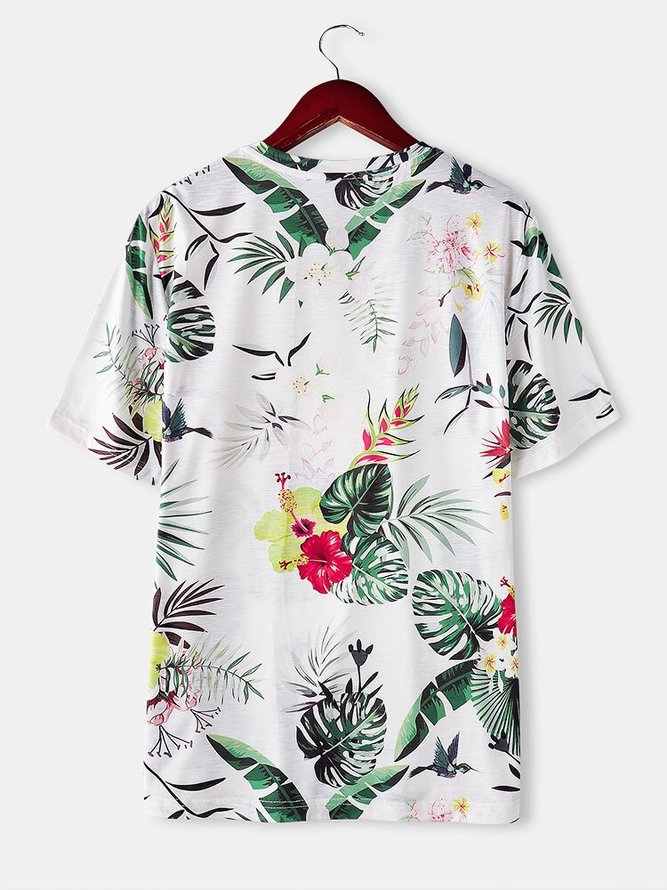 Mens Tropical Leaves & Flower Printed Holiday Short Sleeve Floral T-Shirt