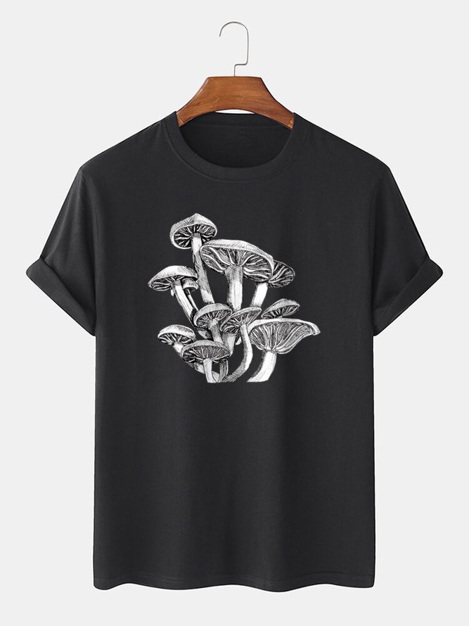 Mens Mushroom Sketches Print O-Neck Short Sleeve T-Shirt