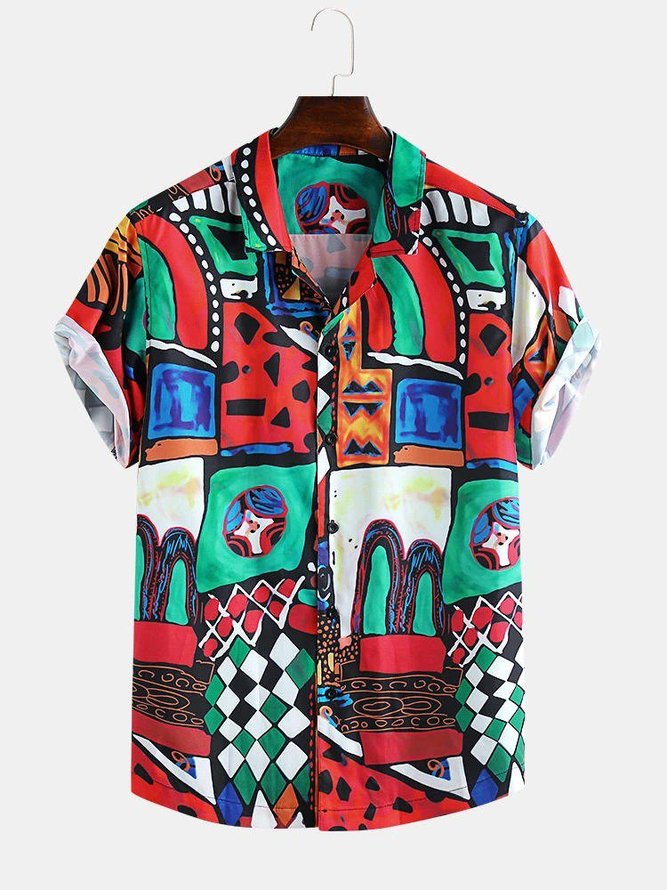 Mens Ethnic Patchwork Pattern Printed Casual Shirt