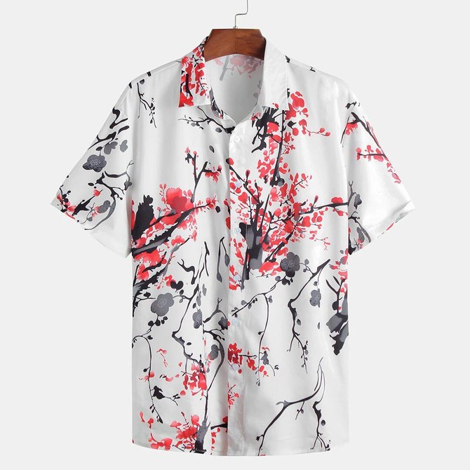 Men Oriental Plum Blossom Print Short Sleeve Shirt