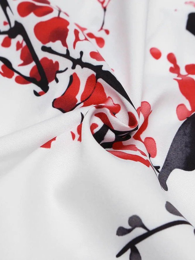 Men Oriental Plum Blossom Print Short Sleeve Shirt