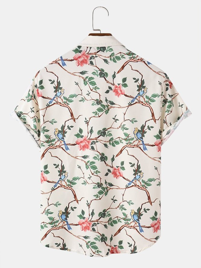 Mens Bird & Plant Floral Print Lapel Street Short Sleeve Shirt